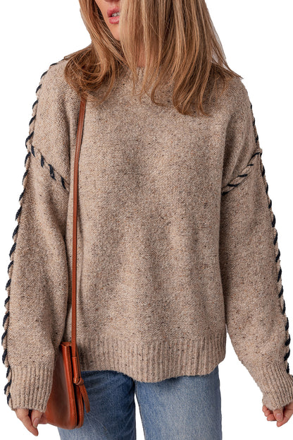 Smoke Gray Color Contrast Stitched Ribbed Edge Crew Neck Sweater