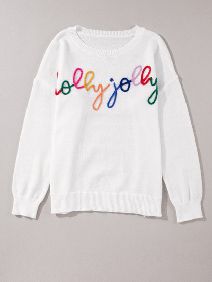 Holly Jolly White Round Neck Casual Sweater