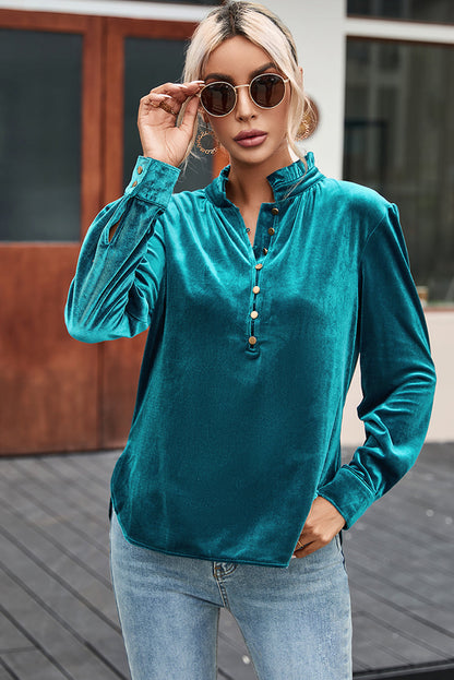 Frilled Neck Green Velvet Top with Buttoned Front