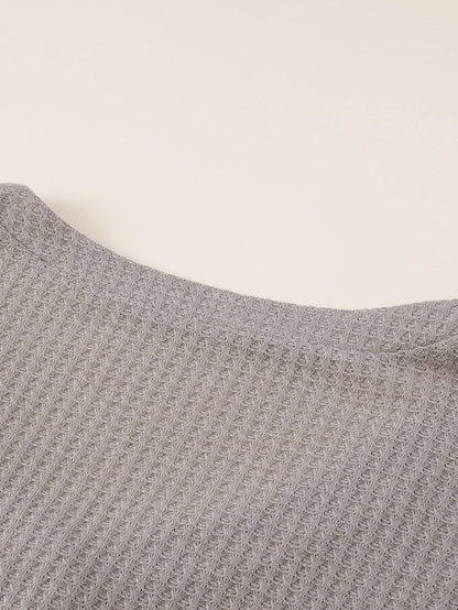 Simply Taupe Waffle Knit Drop Shoulder Button V Neck Plus Size Top