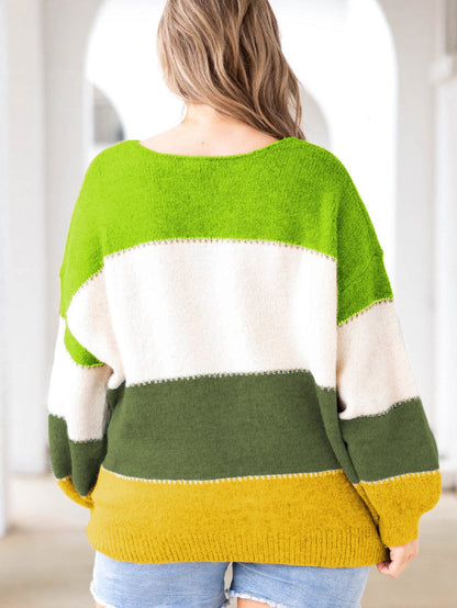 Cozy Green Color Block Plus Size Knit Sweater