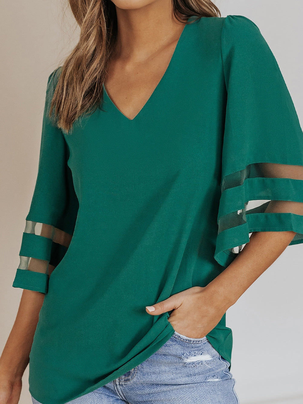 Green Sheer Flare Sleeve V Neck Casual Blouse