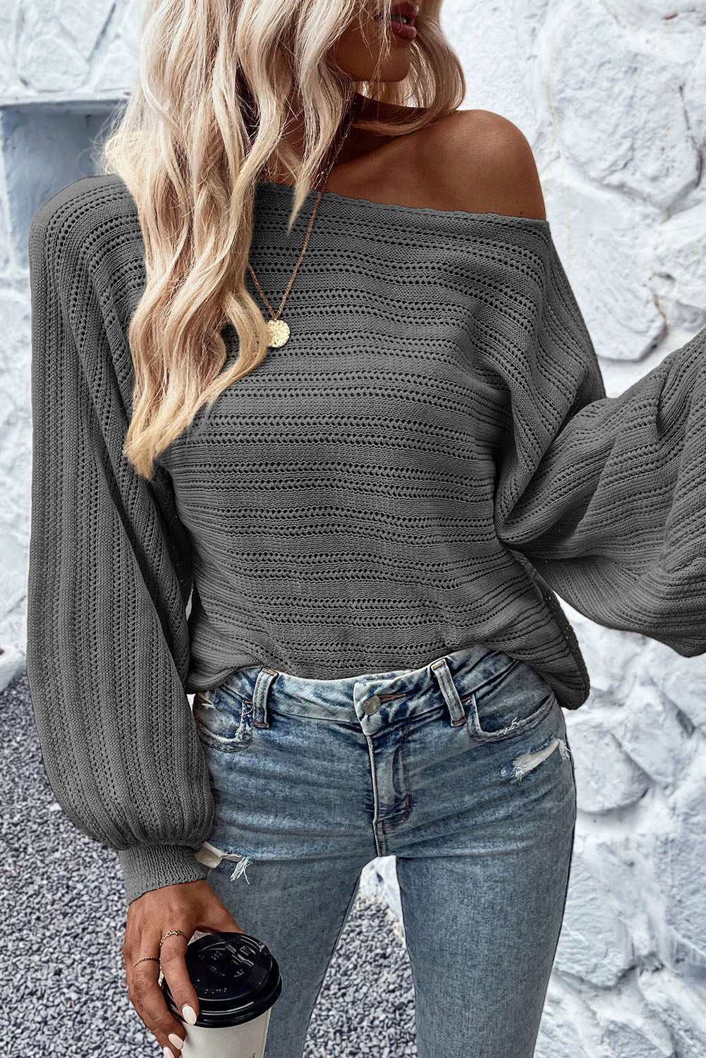 Elegant Dark Grey Eyelet Textured Knit Sweater with Lantern Sleeves