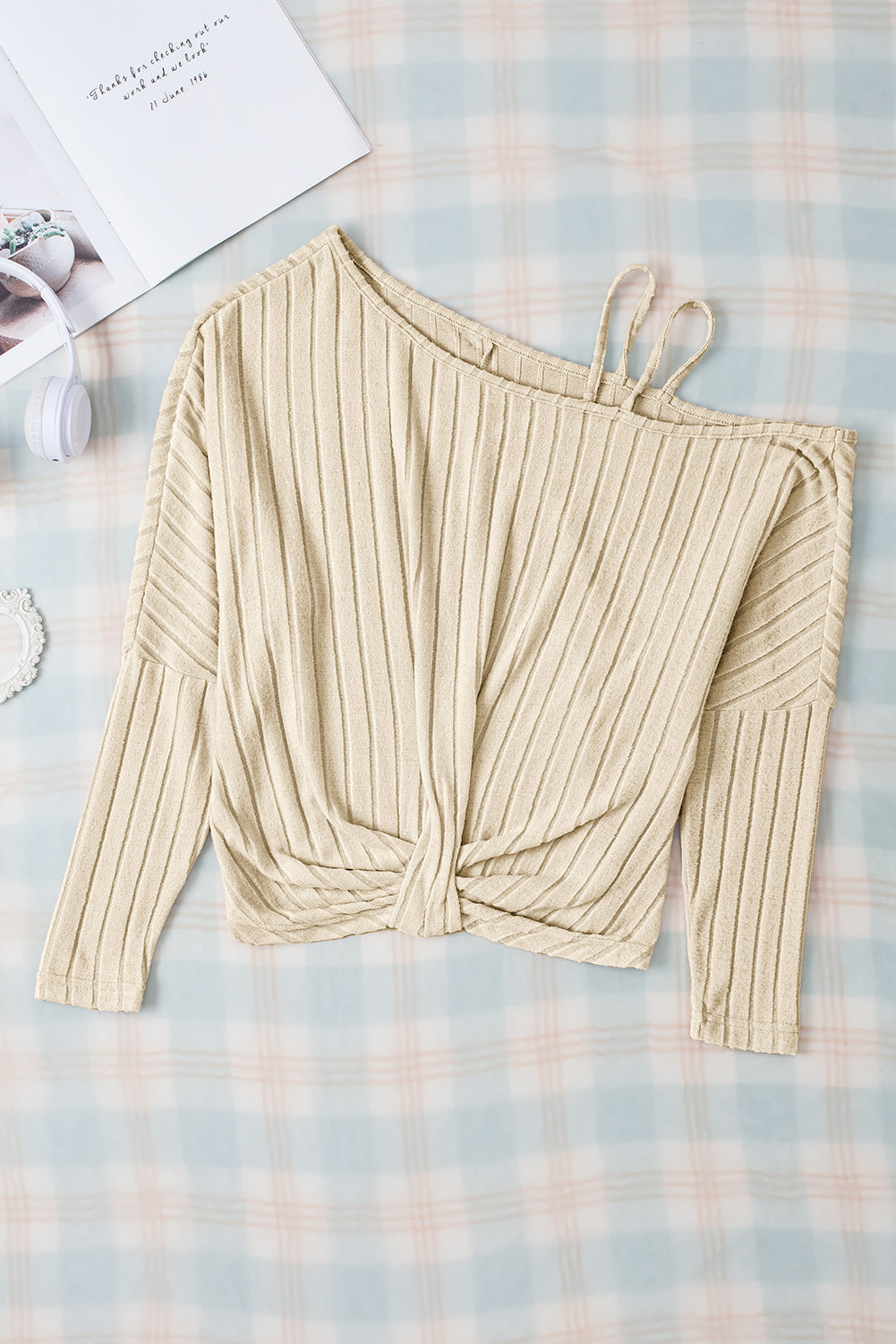 Apricot Twisted Cold Shoulder Ribbed Knit Top with Asymmetrical Neck