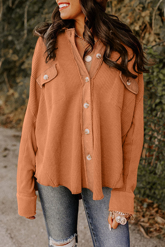 Golden Blaze Waffle Knit Shacket with Button Flap Pockets