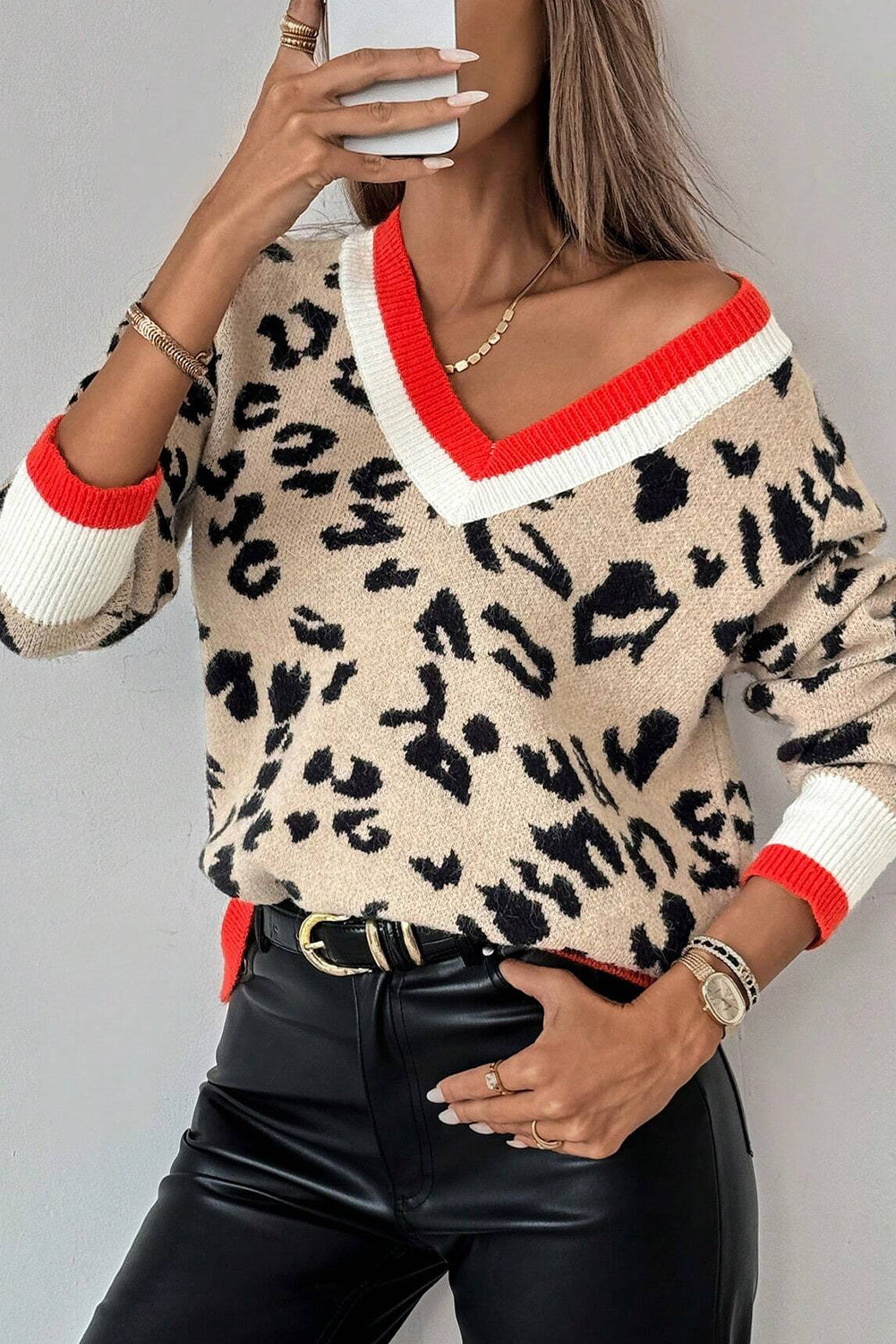 Khaki Leopard Pattern Knit Contrast Striped Trim V Neck Sweater