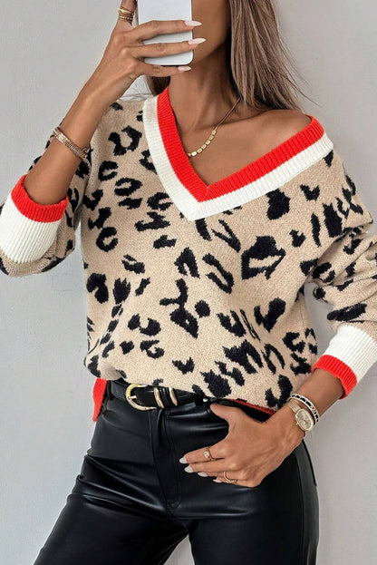 Khaki Leopard Pattern Knit Contrast Striped Trim V Neck Sweater