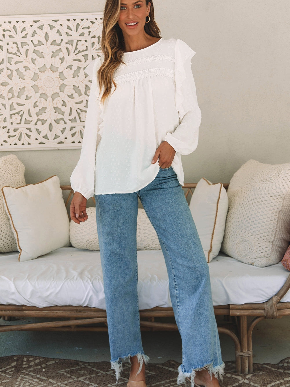 Elegant White Lace Eyelet Ruffle Sleeve Blouse