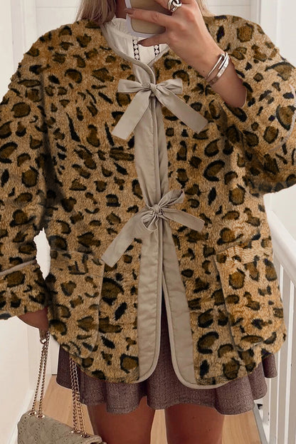 Khaki Leopard Contrast Tied Front Trimmed Plush Fleece Jacket