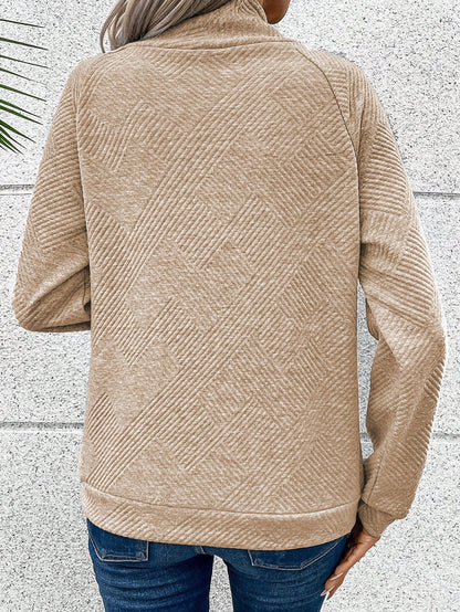 Apricot Textured High Neck Sweatshirt with Unique Asymmetrical Buttons