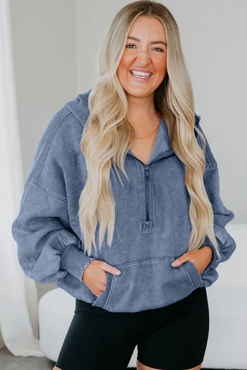 Ashleigh Blue Half Zip Kangaroo Pocket Mineral Wash Baggy Hoodie