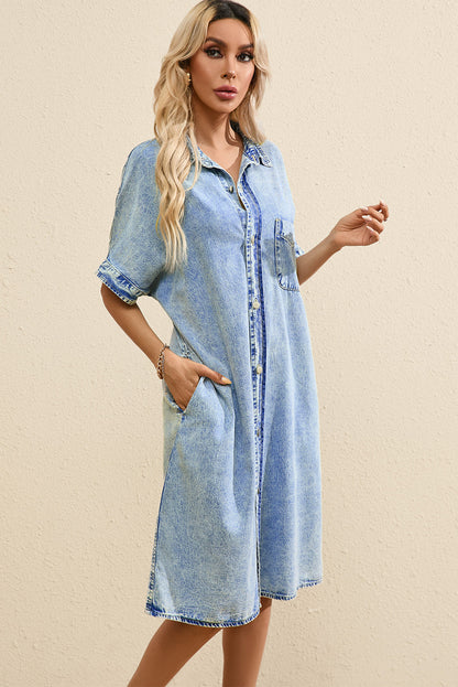 Retro Short Sleeve Denim Long Dress