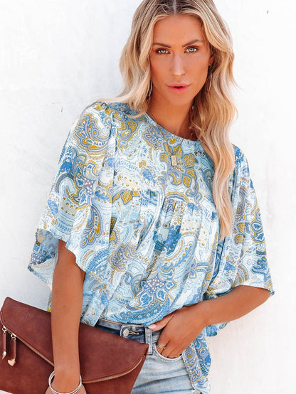 Elegant Sky Blue Paisley Pattern Flowy Blouse with Wide Sleeves