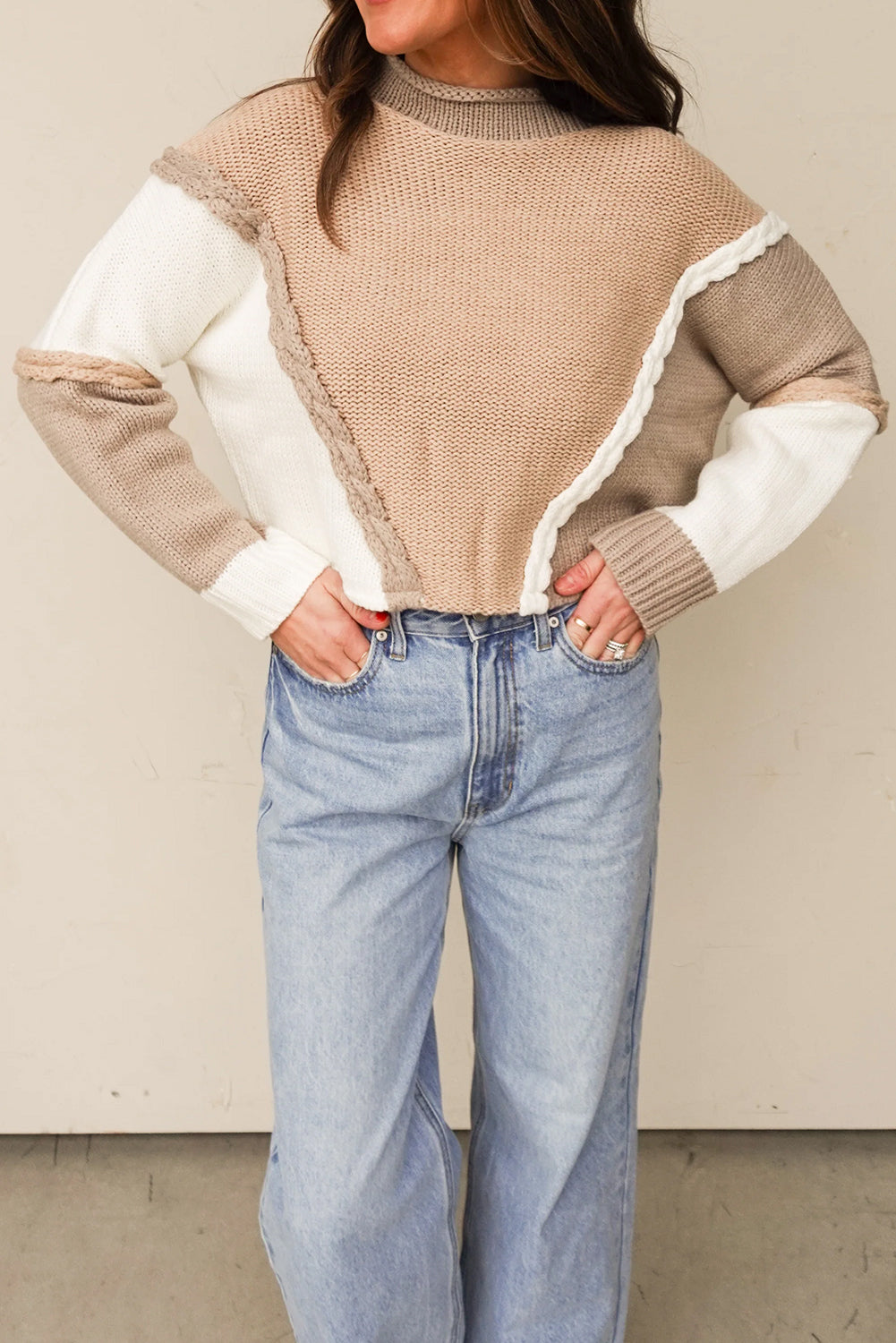 Khaki Braided Trim Color Block Patchwork Knit Sweater