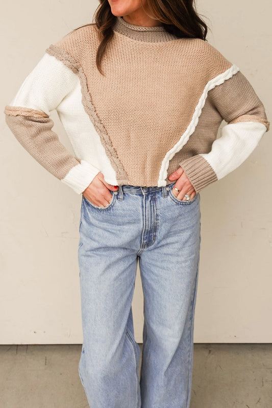 Khaki Braided Trim Color Block Patchwork Knit Sweater