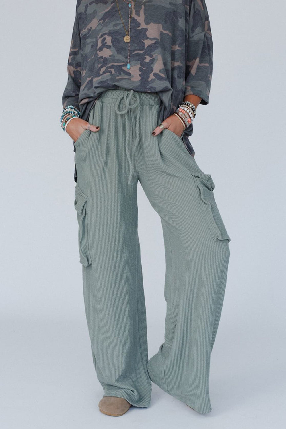 Clearly Aqua Corded Drawstring High Waist Flap Pocket Wide Leg Pants