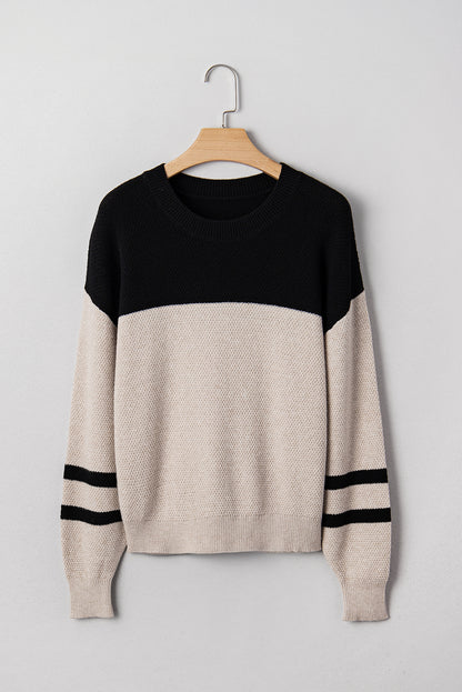 Parchment Color Block Knit Striped Sleeve Detail Casual Sweater