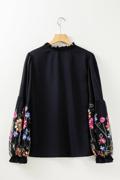 Elegant Black Floral Embroidered Flounce Sleeve Blouse with Split V-Neck