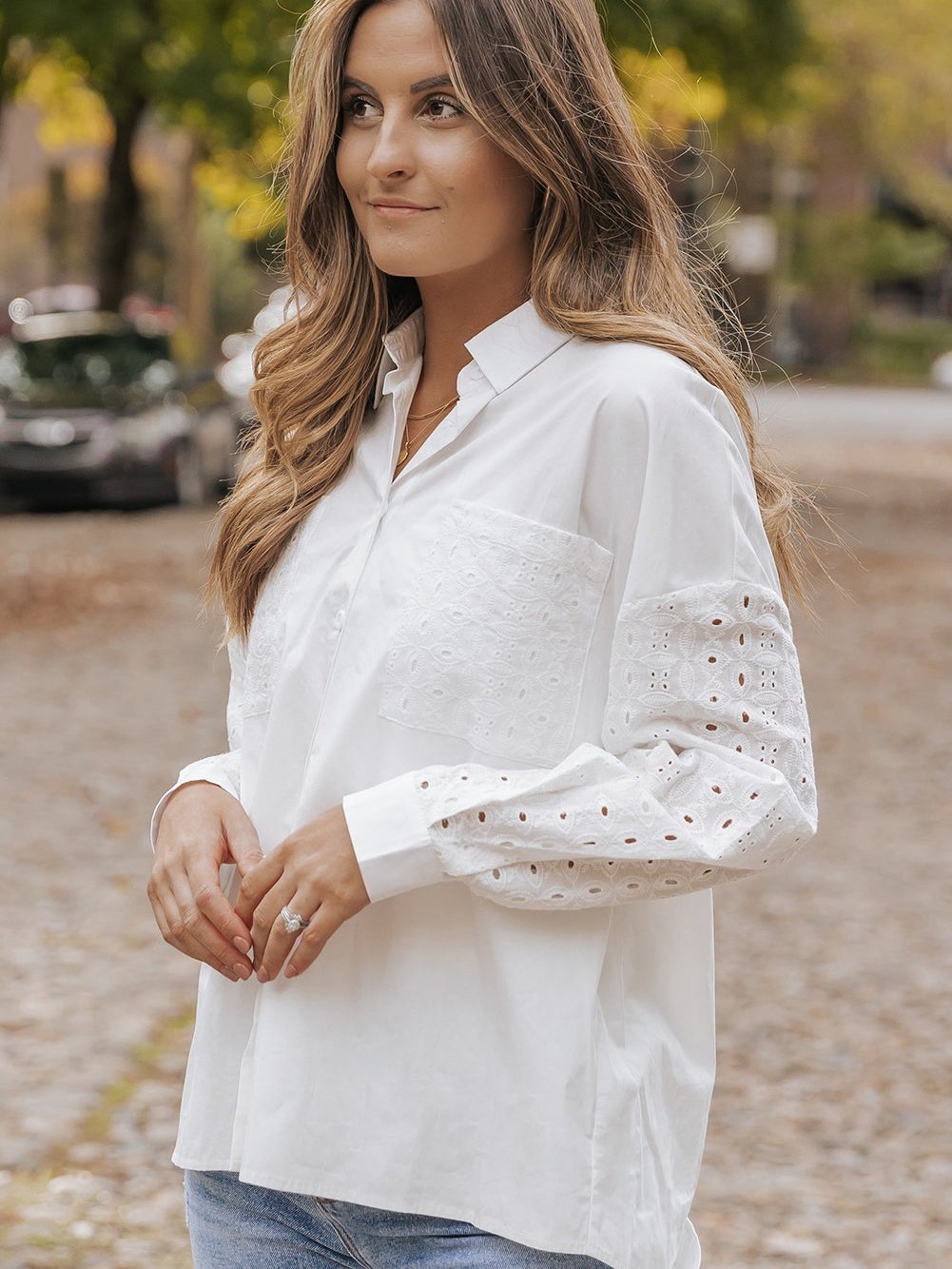 Elegant White Lace Embroidered Button-Up Shirt with Chest Pockets