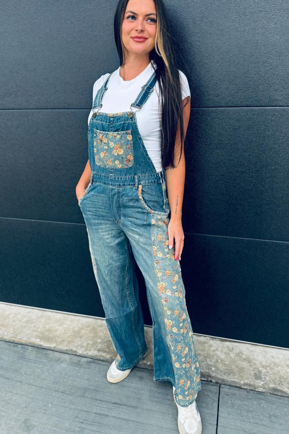 Peacock Blue Floral Patchwork Bib Denim Wide Leg Overalls