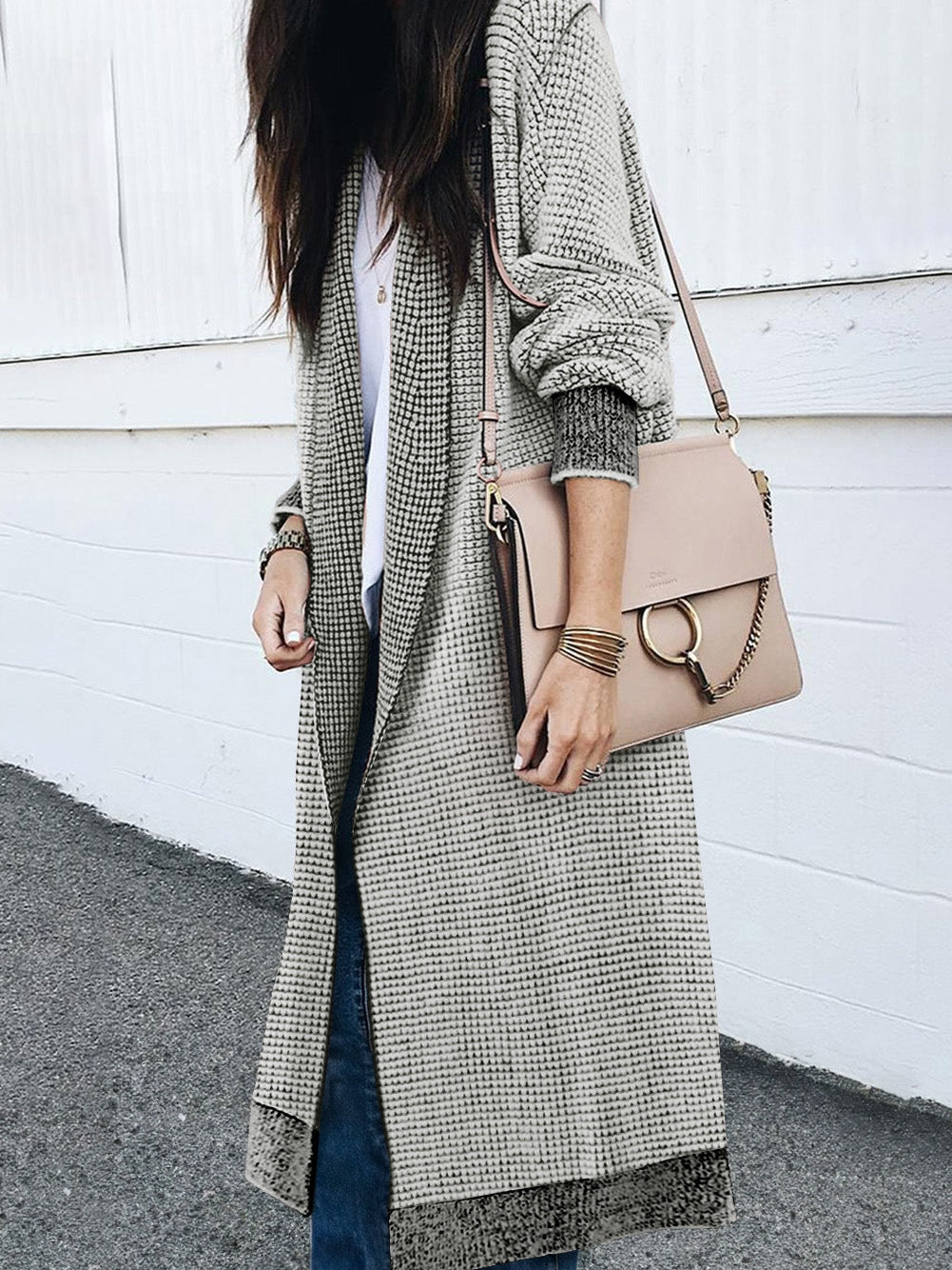Gray Knit Textured Longline Cardigan with Pockets