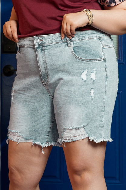 Light Blue Plus Size Distressed Rolled Hem Denim Shorts