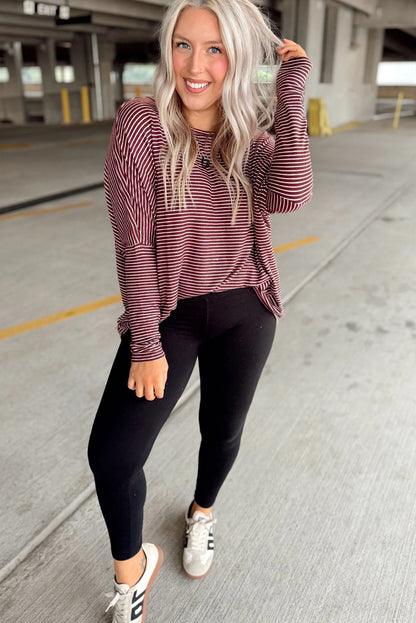 Red Stripe Round Neck Dolman Long Sleeve Top