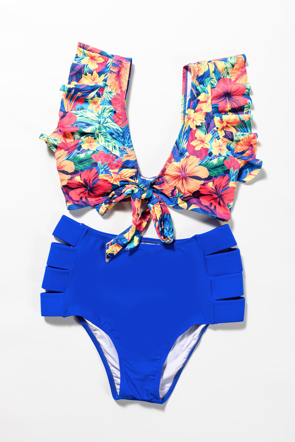 Floral Print Ruffle Trim High Waisted Bikini Set in Ocean Blue