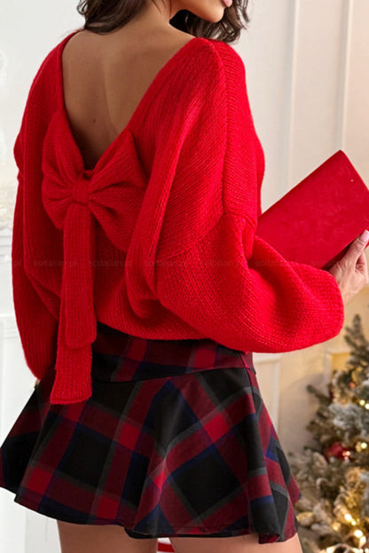 Fiery Red Bow Backless Bubble Sleeve Festive Sweater