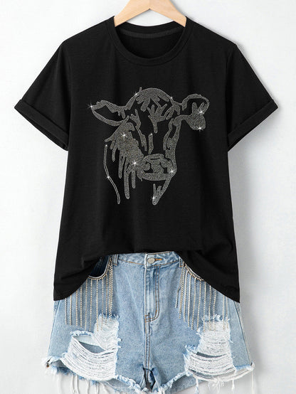 Glamorous Black Rhinestone Western Steer Head Graphic Tee