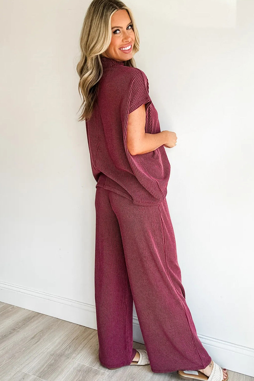 Burgundy Twisted Ribbed High Neck Loose Tee Elastic High Waist Loose Pant Set