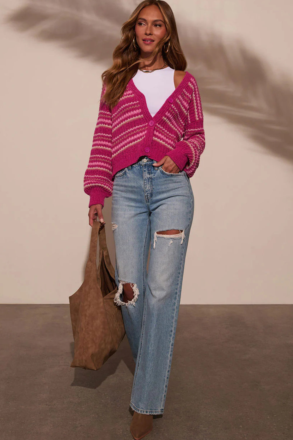 Rose Stripe Button V Neck Drop Shoulder Puff Sleeve Sweater Cardigan