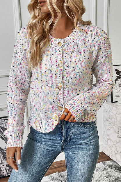 White Rhinestone Decor Multicolor Confetti Sweater Cardigan