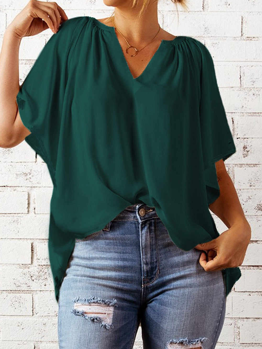 Green Split V-Neck Pleated Flutter Sleeve Blouse