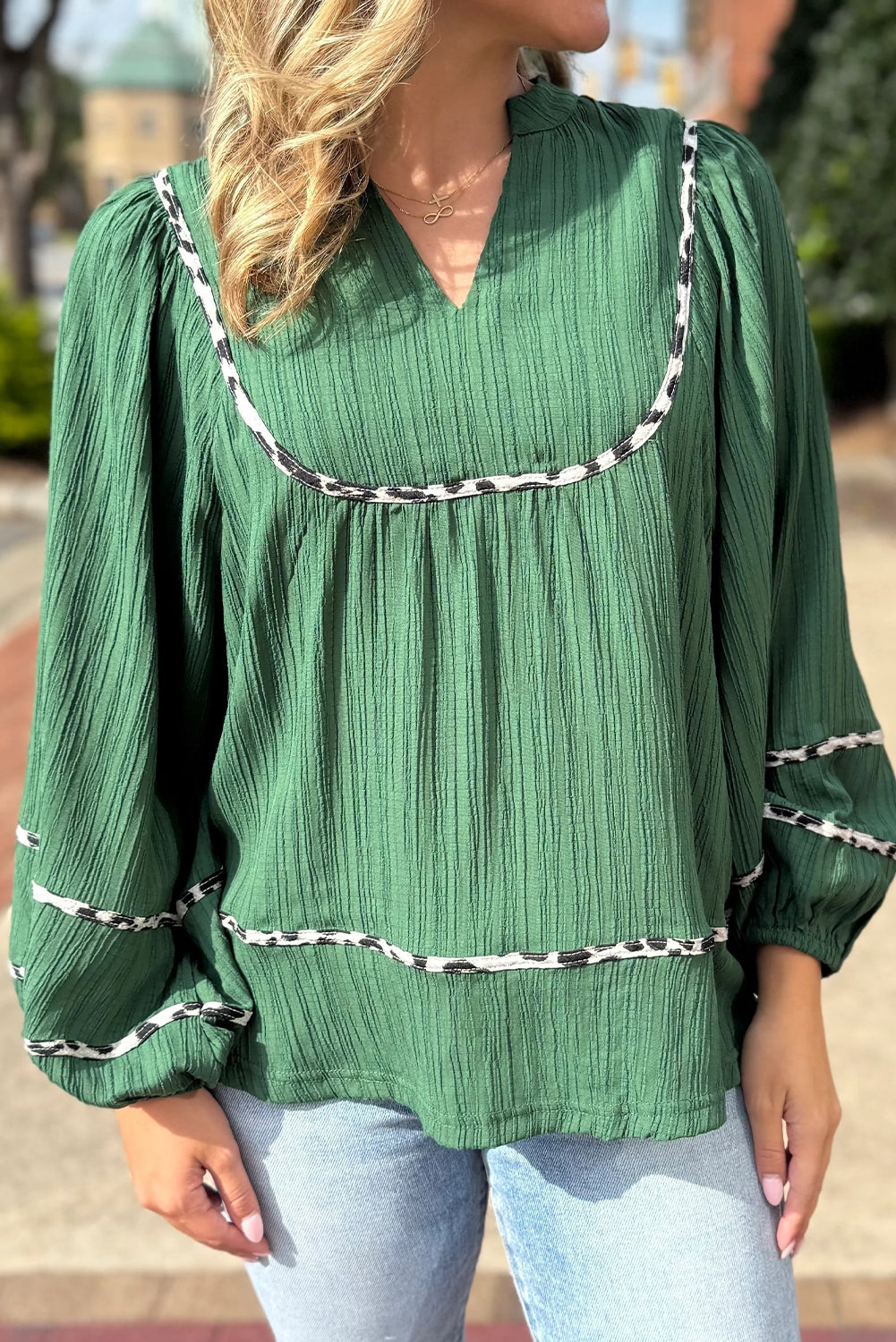 Dark Green Notched Neck Contrast Leopard Trim Long Puff Sleeve Blouse