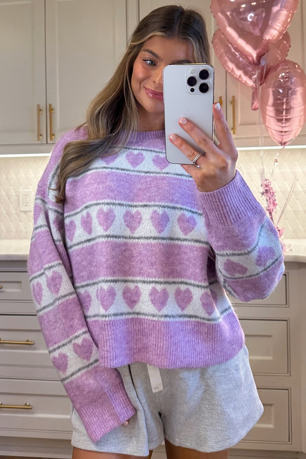 Purple Heart Print Striped Color Block Knit Loose Sweater