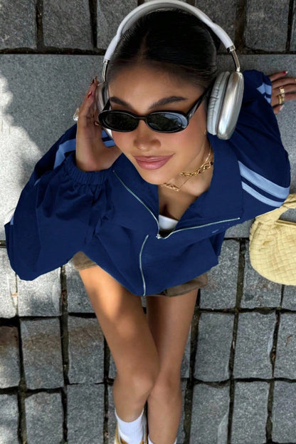 Bluing Bow Embroidered Detail Zip Up Sweatshirt Womens Jacket