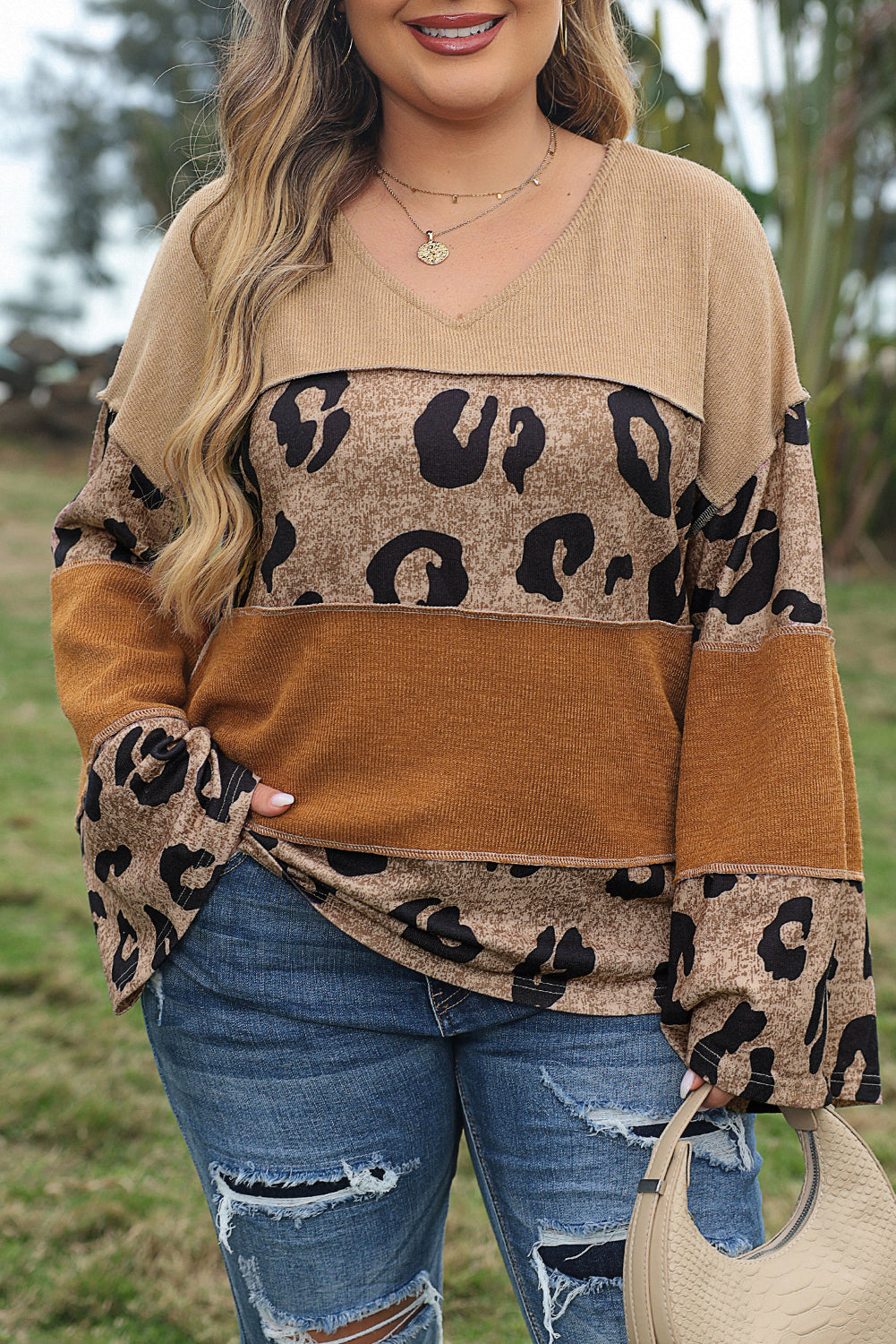 Leopard Print Block Sleeve Top in Light Beige French Palette