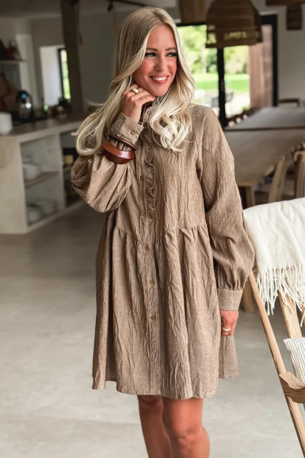 Khaki Stripe Frilled Trim Button Front Long Sleeve Mini Shirt Dress