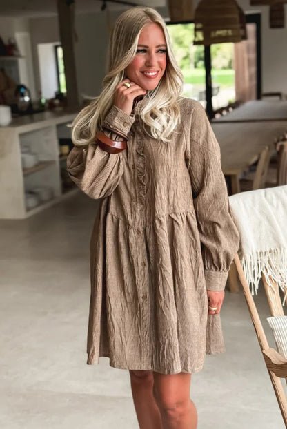 Khaki Stripe Frilled Trim Button Front Long Sleeve Mini Shirt Dress