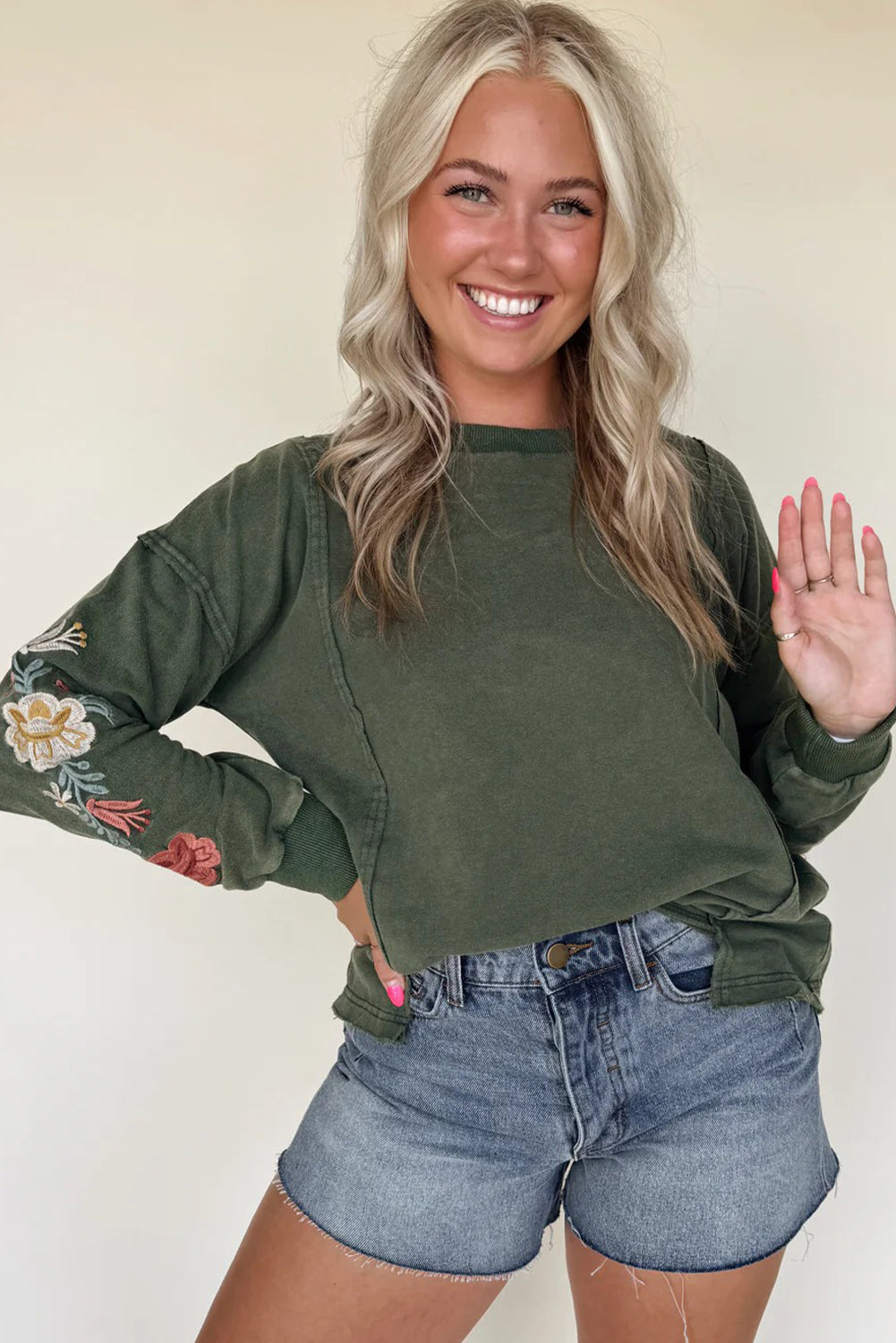 Mist Green Mineral Wash Drop Shoulder Floral Embroidered Sleeve Raw Edge Sweatshirt