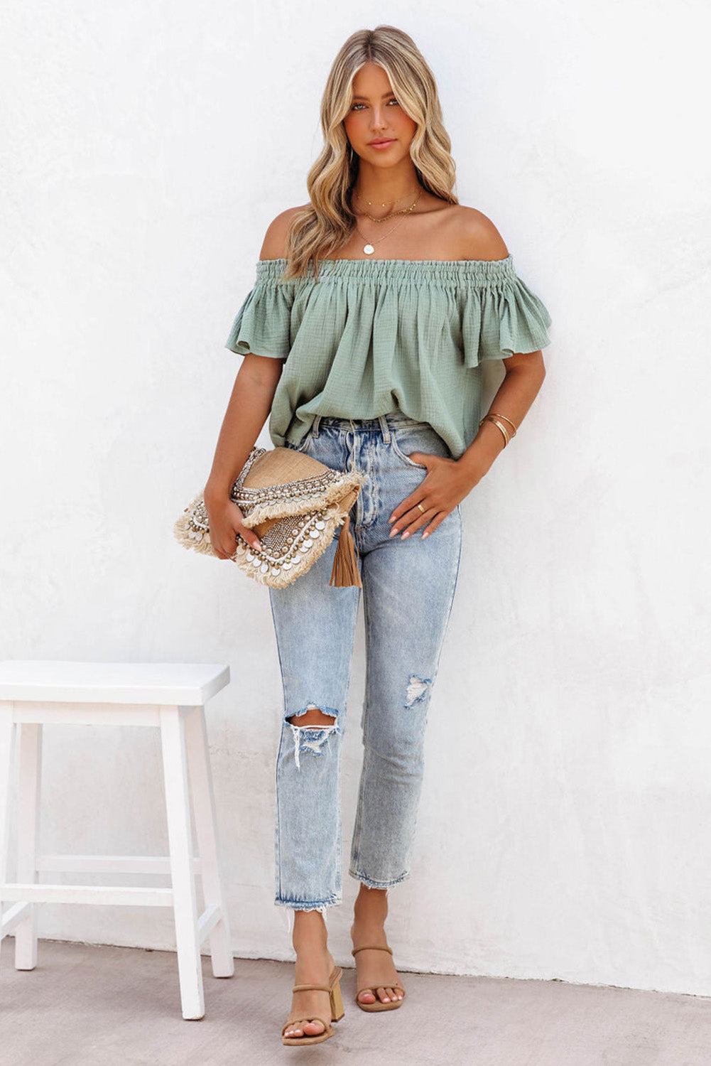 Green Textured Ruffle Off-Shoulder Blouse for Casual Chic