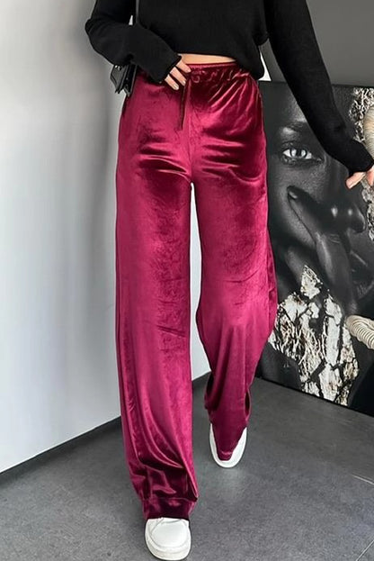 Pitaya Pink Shiny Velvet Drawstring High Waist Straight Leg Casual Pants