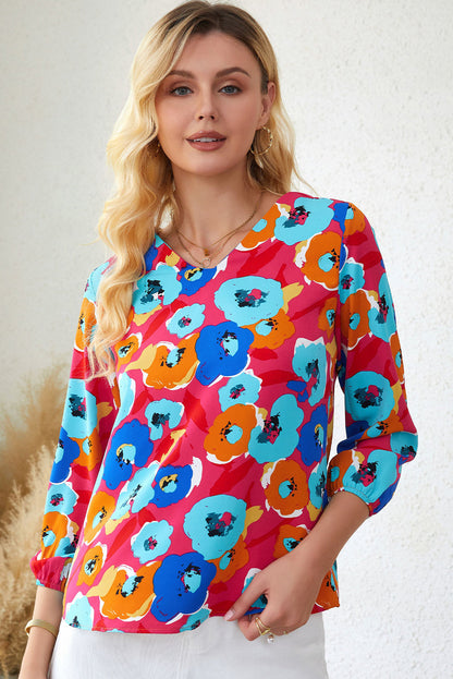 Elegant Rose Floral V Neck Blouse with Bracelet Sleeves