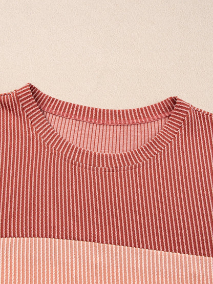 Rose Pink Plus Size Ribbed Colorblock T-shirt