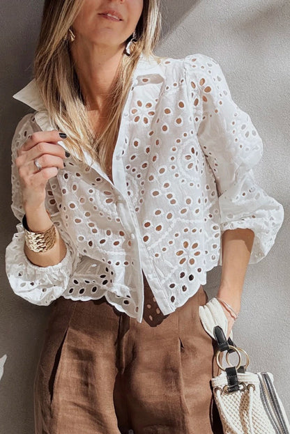 White Eyelet Embroidered Puff Sleeve Crop Shirt