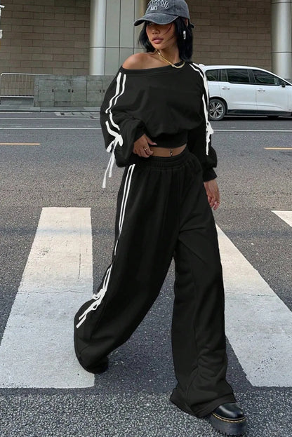 Black Varsity Striped Bow Knot Detail Cropped Top Elastic Waist Pull On Loose Pant Set