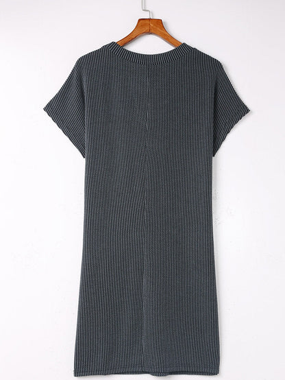 Shimmering Gray Sequin Stars Ribbed Shift Dress with Flag Detail