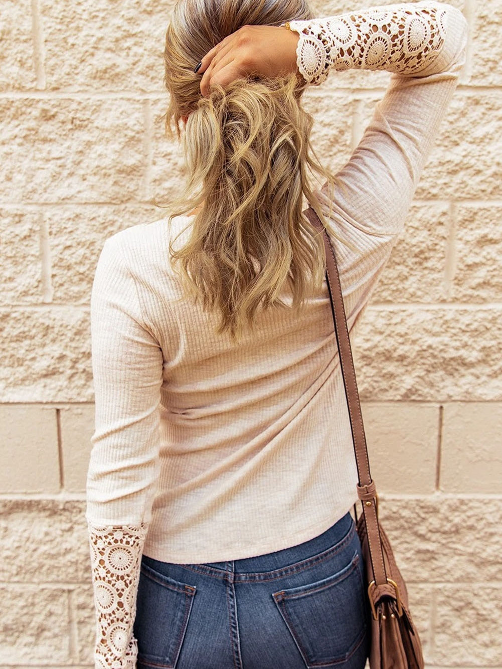 Beige Crochet Lace Sleeve Button Detail Top