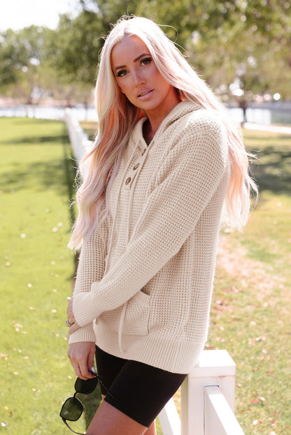 Apricot Hooded Waffle Knit Sweater with Button-Up Front Pocket